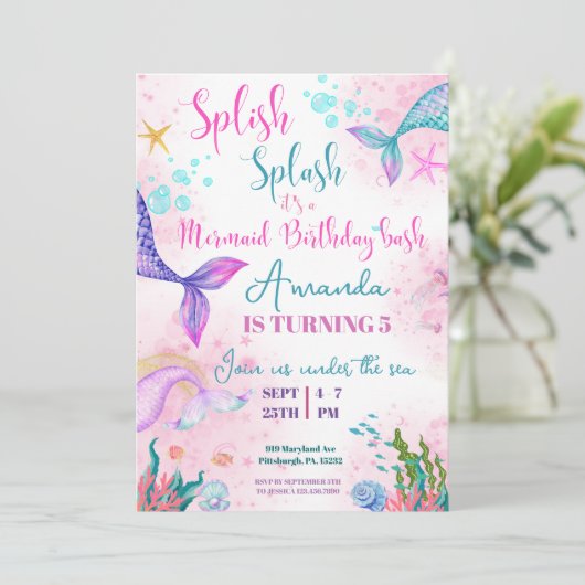 海の下のマーメイドテールウォーター誕生日 招待状 (スタンド正面)