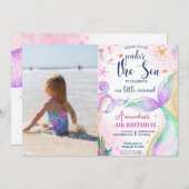 海の下のマーメイド写真の水の色の誕生日 招待状 (正面/裏面)