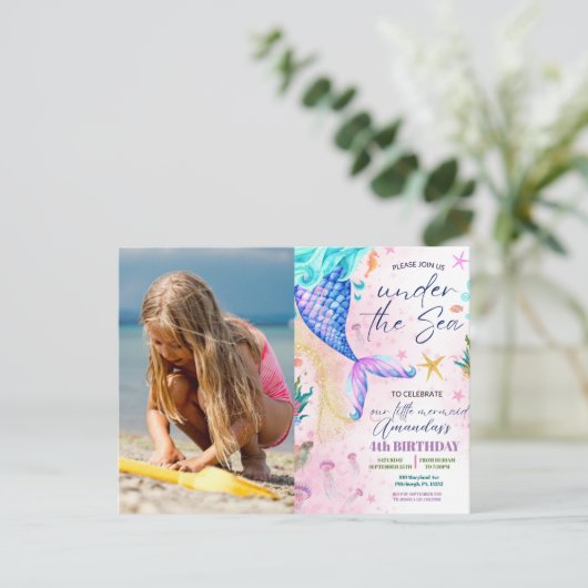 海の下のマーメイド水彩写真誕生日 ポストカード (スタンド正面)
