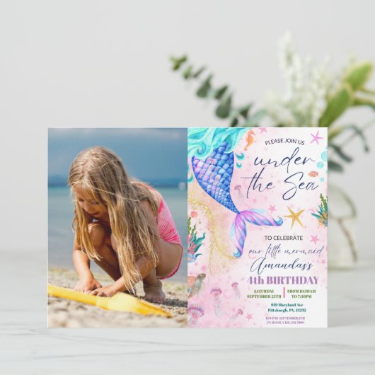 海の下のマーメイド水彩写真誕生日 招待状 (スタンド正面)