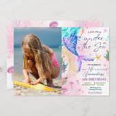 海の下のマーメイド水彩写真誕生日 招待状 (正面/裏面)