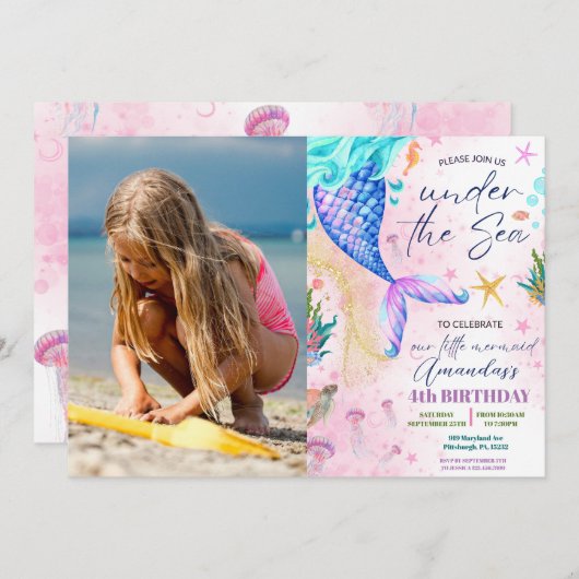 海の下のマーメイド水彩写真誕生日 招待状 (正面/裏面)