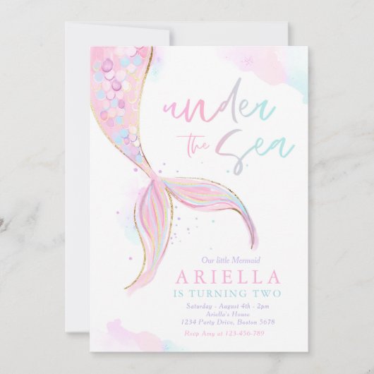 海の下のマーメイド誕生日パーティーパーティー 招待状 (正面)