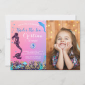 海の下のマーメイド&ドルフィン誕生日写真 招待状 (正面)