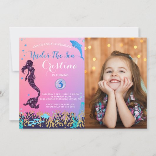 海の下のマーメイド&ドルフィン誕生日写真 招待状 (正面)