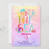 海の下のユニコーンマーメイドピンクグリッターガールズ 招待状 (正面)