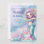 海の下のリトルマーメイドウォーターカラー誕生日 招待状 (正面)