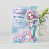 海の下のリトルマーメイドウォーターカラー誕生日 招待状 (スタンド正面)