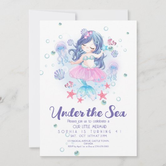 海の下のリトルマーメイド誕生日パーティー招待状 招待状 (正面)
