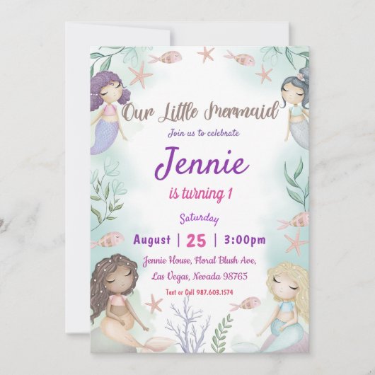 海の下のリトルマーメイド誕生日パーティー 招待状 (正面)