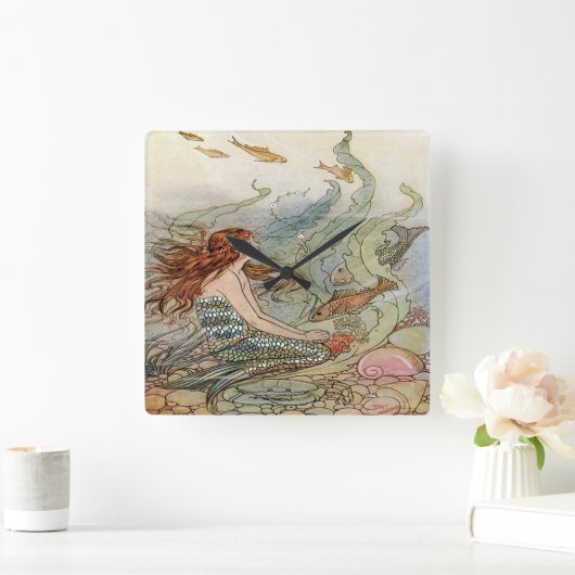 海の下のヴィンテージの美しくガーリーな人魚 スクエア壁時計 (ホーム)