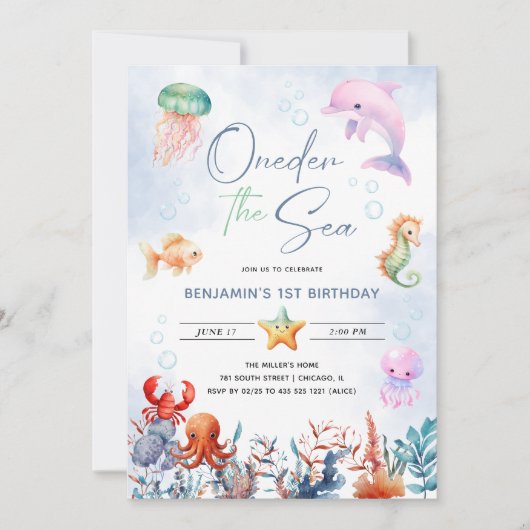 海の下の一歳の誕生日 招待状 (正面)
