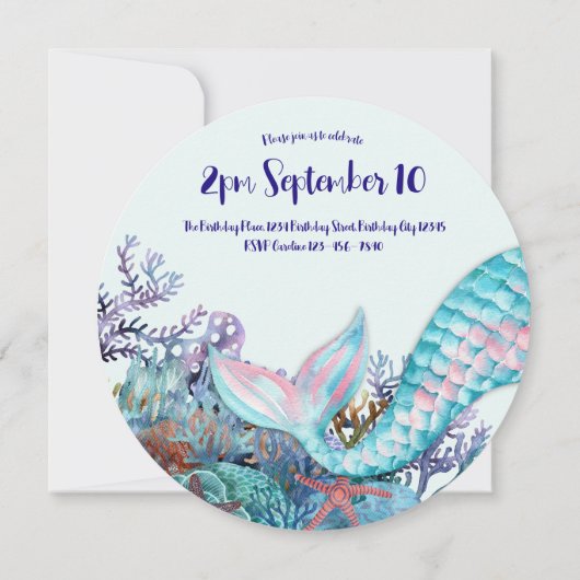 海の下の三番目の誕生日の水彩人魚 招待状 (裏面)