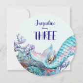 海の下の三番目の誕生日の水彩人魚 招待状 (正面)