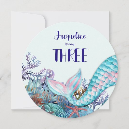 海の下の三番目の誕生日の水彩人魚 招待状 (正面)