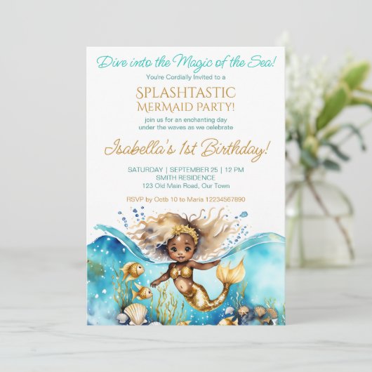 海の下の人魚かわいいアフリカのベビーガールパーティー 招待状 (スタンド正面)