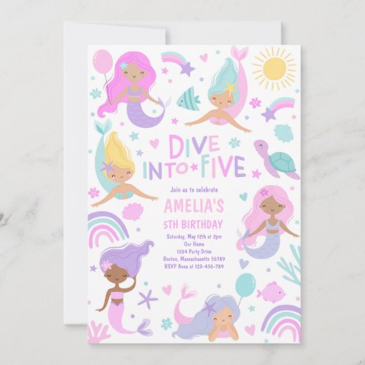 海の下の人魚が5 5誕生日にダイブ 招待状 (正面)