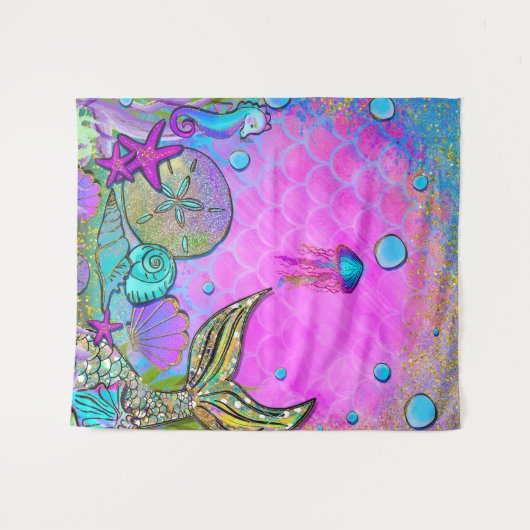 海の下の人魚と海のシェルのピンクの輝き タペストリー (正面(横))