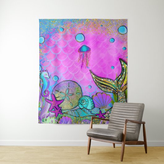 海の下の人魚と海のシェルのピンクの輝き タペストリー (インサイチュ)