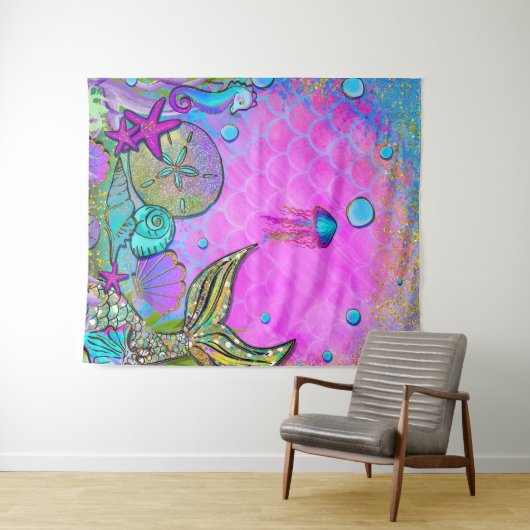 海の下の人魚と海のシェルのピンクの輝き タペストリー (インサイチュ(横))