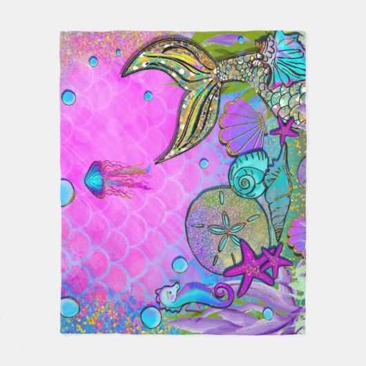 海の下の人魚と海のシェルのピンクの輝き フリースブランケット (正面)
