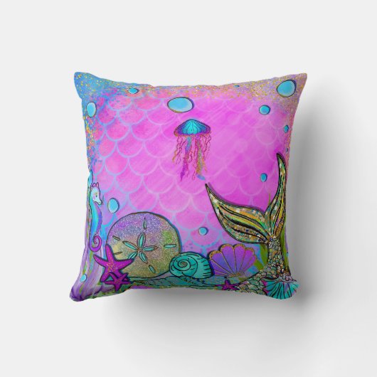 海の下の人魚と海の貝殻の輝くピンク クッション (裏面)