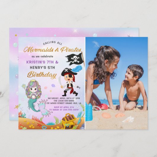 海の下の人魚と海賊の誕生日写真 招待状 (正面/裏面)