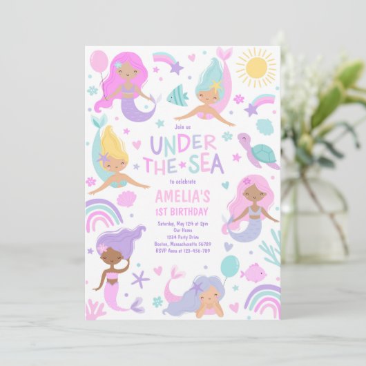 海の下の人魚のお洒落第1の誕生日パーティー 招待状 (スタンド正面)