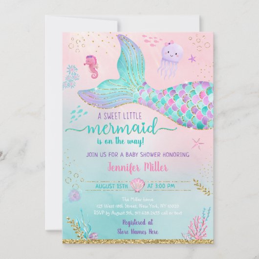 海の下の人魚のピンクの金ゴールド赤ちゃんシャワー 招待状 (正面)