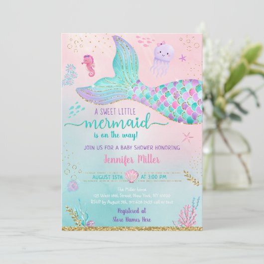 海の下の人魚のピンクの金ゴールド赤ちゃんシャワー 招待状 (スタンド正面)