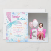 海の下の人魚の三歳の誕生日パーティーの写真 招待状 (正面)
