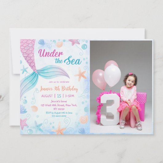 海の下の人魚の三歳の誕生日パーティーの写真 招待状 (正面)