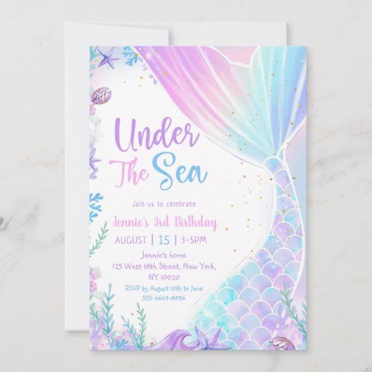 海の下の人魚の三歳の誕生日パーティー 招待状 (正面)