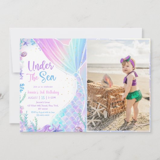 海の下の人魚の三番目の誕生日パーティー写真 招待状 (正面)