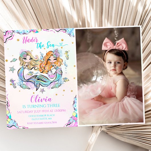 海の下の人魚の三番目の誕生日パーティー写真 招待状