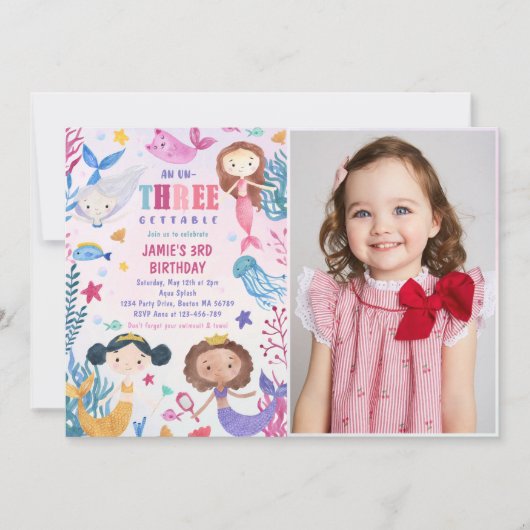 海の下の人魚の三番目の誕生日パーティー写真 招待状 (正面)