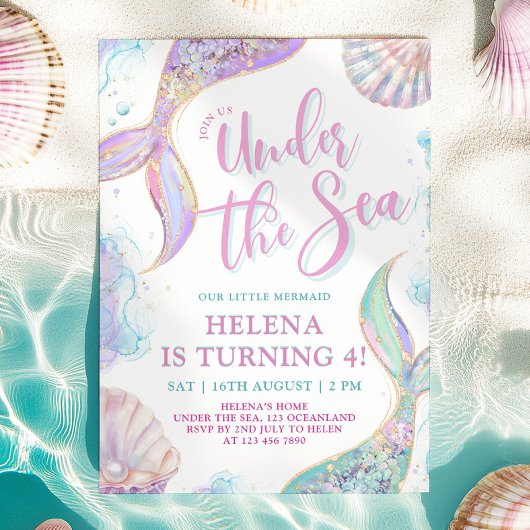 海の下の人魚の下4thバースデーガール招待状 招待状