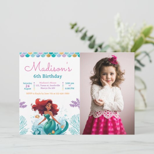 海の下の人魚の写真の誕生日パーティー 招待状 (スタンド正面)