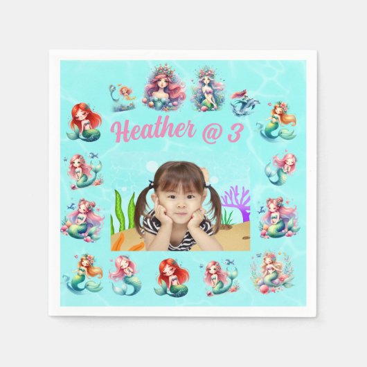 海の下の人魚の写真子供の誕生日パーティー スタンダードカクテルナプキン (正面)