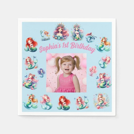 海の下の人魚の写真子供の誕生日パーティー スタンダードカクテルナプキン (正面)
