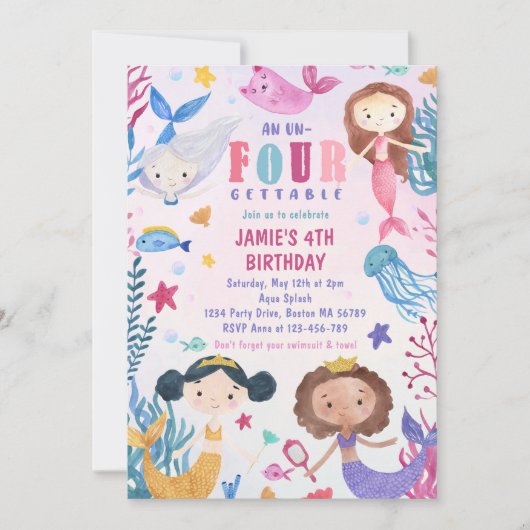 海の下の人魚の女の子4th誕生日パーティー 招待状 (正面)