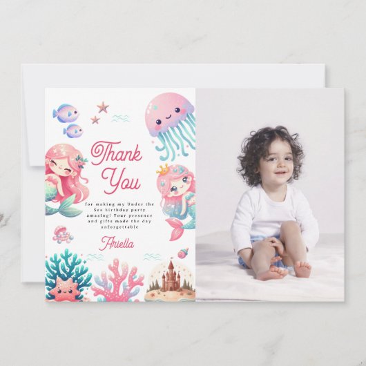 海の下の人魚の子供の誕生日パーティーの写真 サンキューカード (正面)