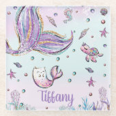 海の下の人魚の尾の海動物 ガラスコースター (正面)