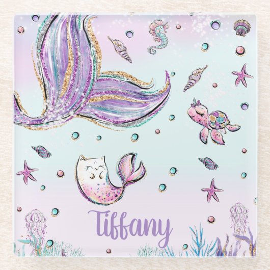 海の下の人魚の尾の海動物 ガラスコースター (正面)