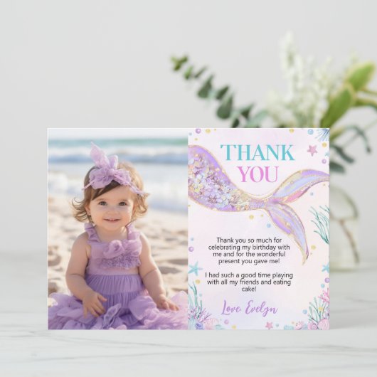 海の下の人魚の尾の誕生日写真 サンキューカード (スタンド正面)