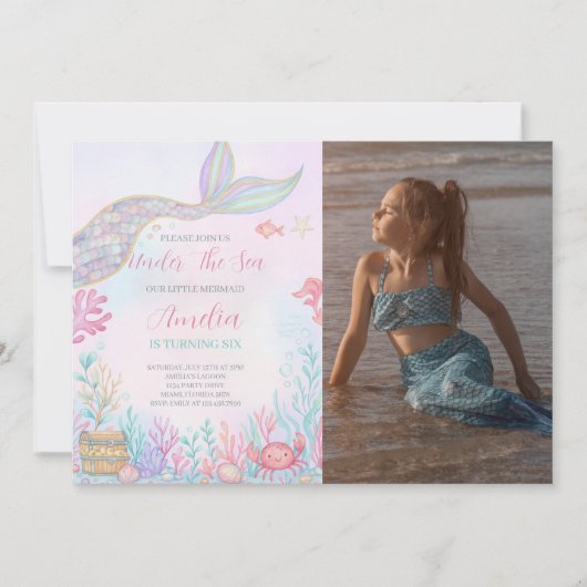 海の下の人魚の尾の誕生日写真 招待状 (正面)