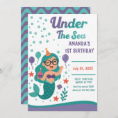 海の下の人魚の最初の誕生日パーティー 招待状 (正面/裏面)