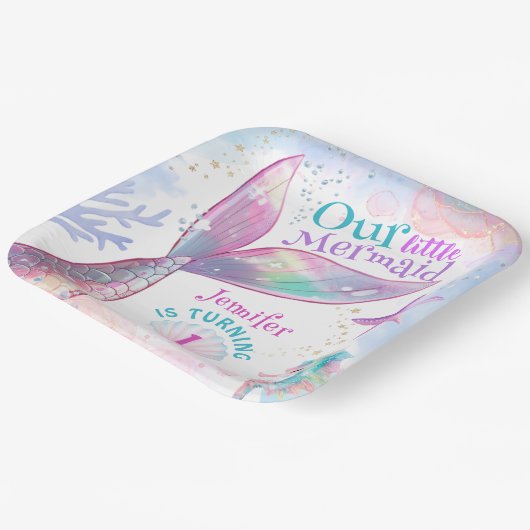 海の下の人魚の最初の誕生日ピンクの人魚 ペーパープレート (傾斜あり)