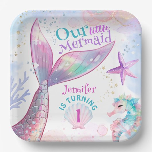 海の下の人魚の最初の誕生日ピンクの人魚 ペーパープレート (正面)