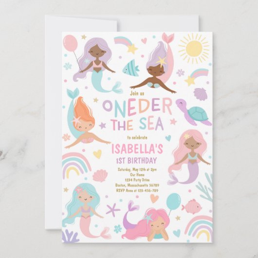 海の下の人魚の海のワンダーザ海の最初の誕生日 招待状 (正面)